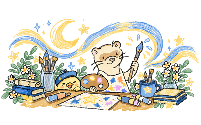 Ilustración original de Amiluart: un hurón y un pollito entre flores, pinceles y colores