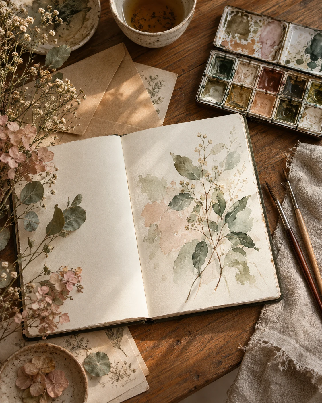 cuaderno de acuarela, pinceles y flores sobre una mesa