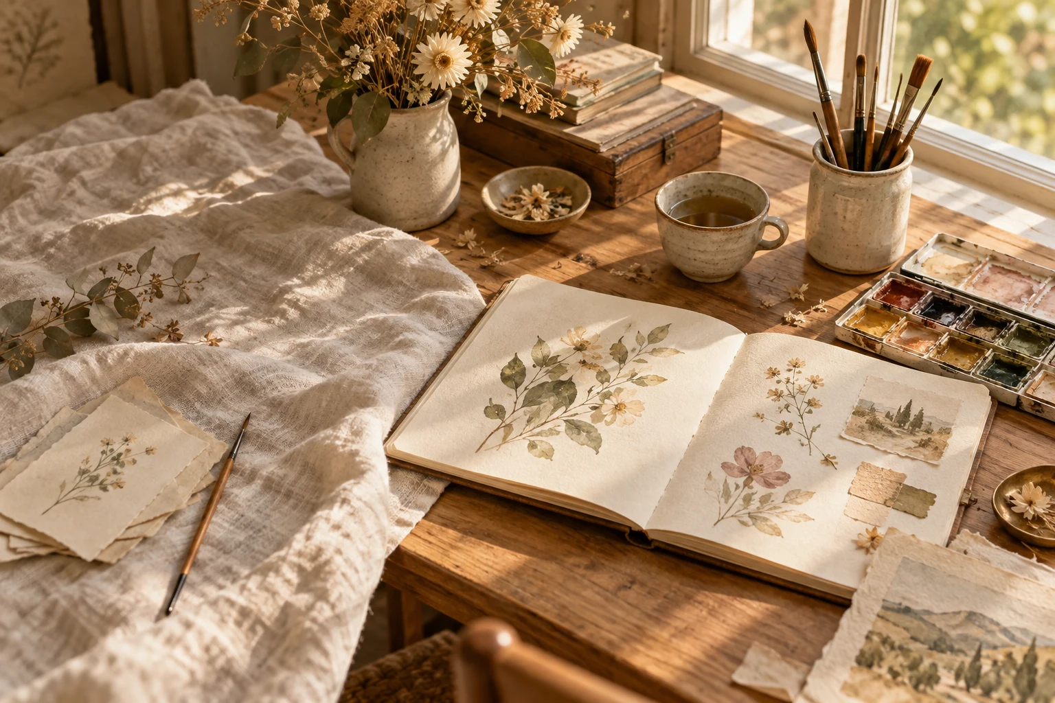 una mesa cálida con acuarelas, pinceles y un cuaderno de arte